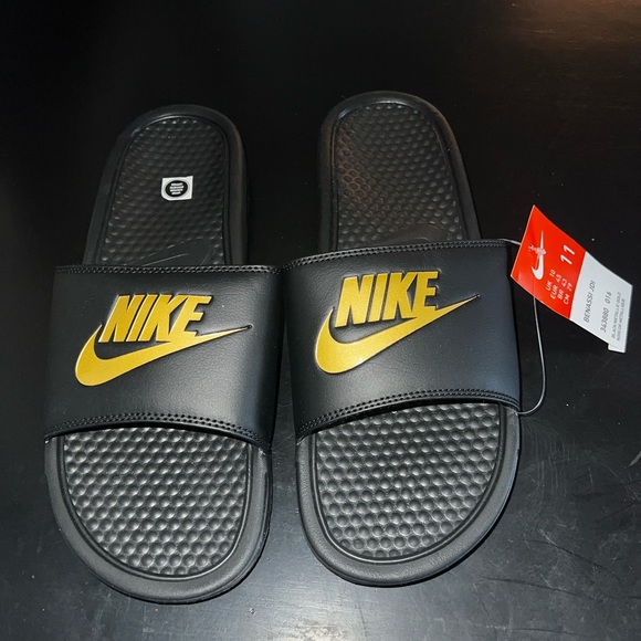 Nike Benassi JDI Black & Gold Slides Pool Shower Sandals 343880-016 Men’s 11 - Picture 1 of 4